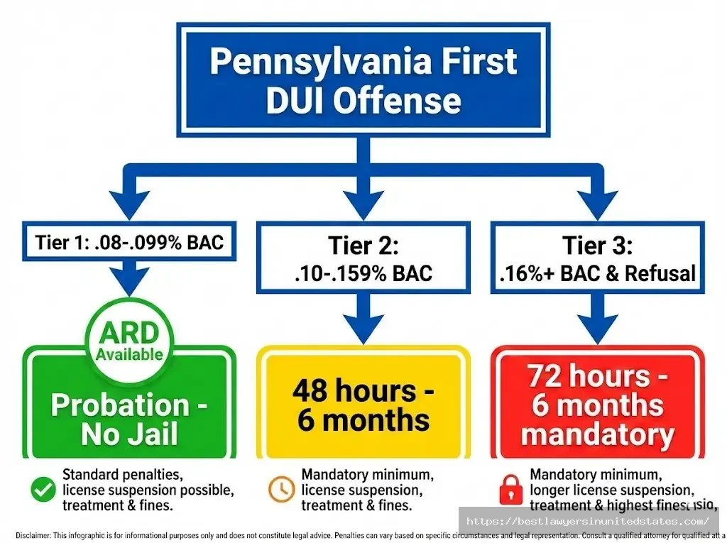 Pennsylvania first DUI jail time by tier - Tier 1 probation, Tier 2 48 hours, Tier 3 72 hours minimum