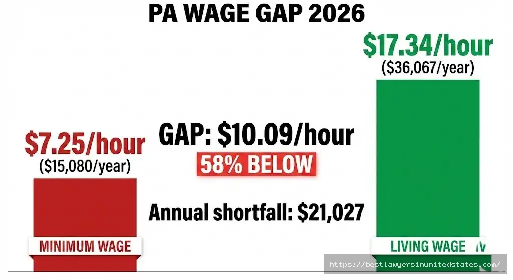 Pennsylvania living wage gap showing $7.25 minimum wage is 58% below $17.34 living wage needed for basic expenses
