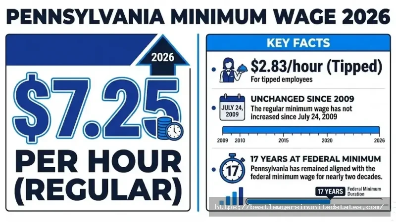 Pennsylvania minimum wage 2026 rates showing $7.25 regular and $2.83 tipped wages unchanged since 2009