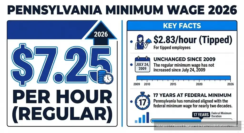 Pennsylvania minimum wage 2026 rates showing $7.25 regular and $2.83 tipped wages unchanged since 2009