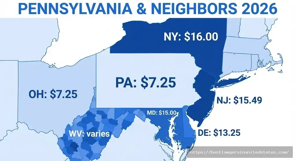 Pennsylvania minimum wage map comparing $7.25 rate to higher wages in New York, New Jersey, Maryland, and Delaware