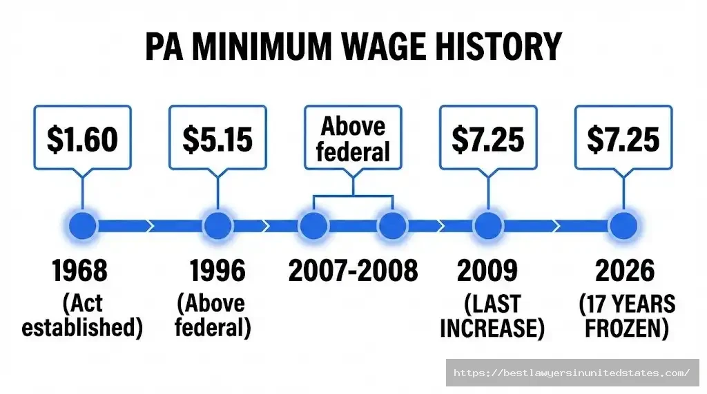 Pennsylvania minimum wage timeline from 1968 to 2026 showing 17-year freeze at $7.25 since 2009
