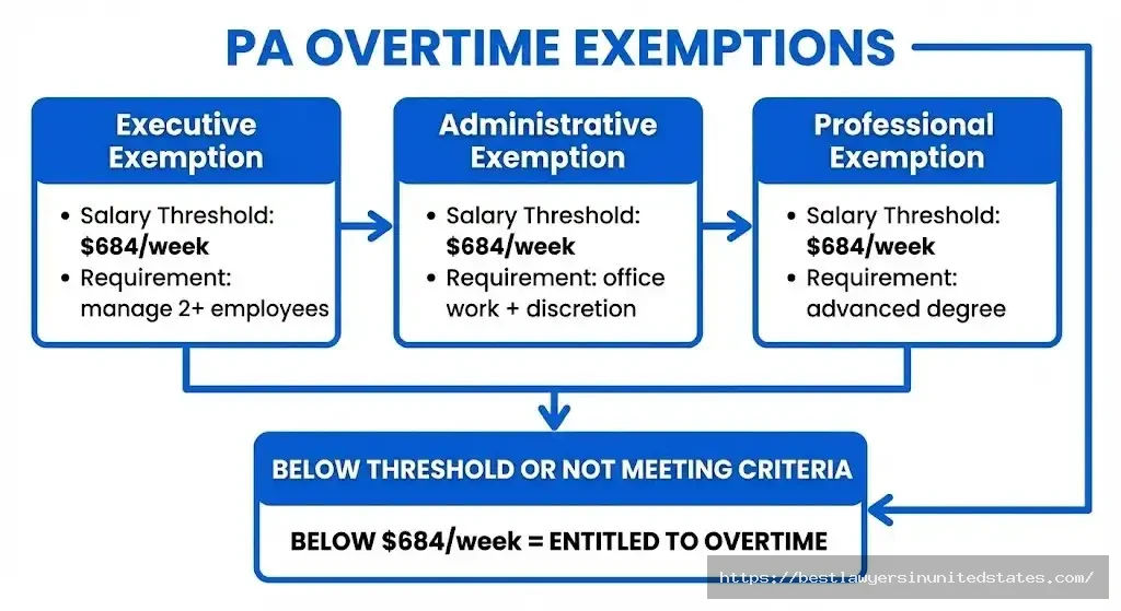 Pennsylvania overtime exemption requirements showing $684 weekly salary threshold for executive, administrative, and professional employees