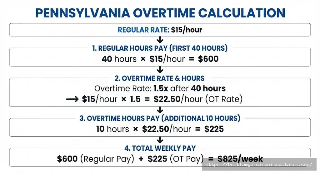 Pennsylvania overtime pay calculation showing $15 hourly worker earning $825 with 10 overtime hours at time-and-a-half