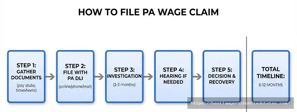 Pennsylvania wage claim filing process showing 5 steps from documentation to recovery over 6-12 month timeline