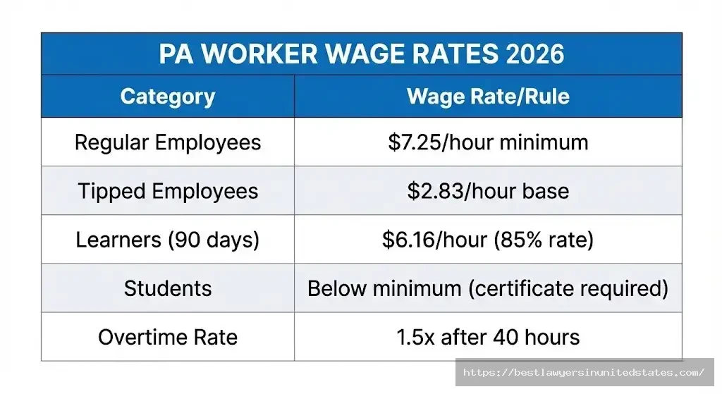 Pennsylvania wage rates table for different worker categories including regular, tipped, learner, and student employees