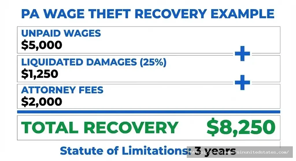 Pennsylvania wage theft recovery calculation showing $8,250 total including unpaid wages, 25% damages, and attorney fees