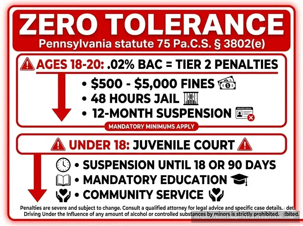 Pennsylvania zero tolerance DUI for minors - .02% BAC triggers Tier 2 penalties for ages 18-20