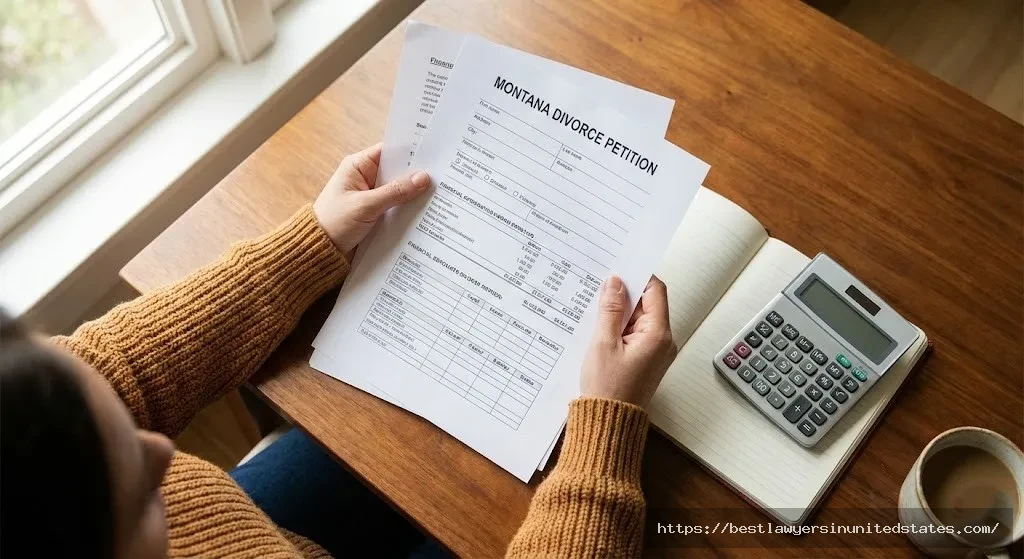 Person organizing financial documents and calculating Montana divorce costs and expenses