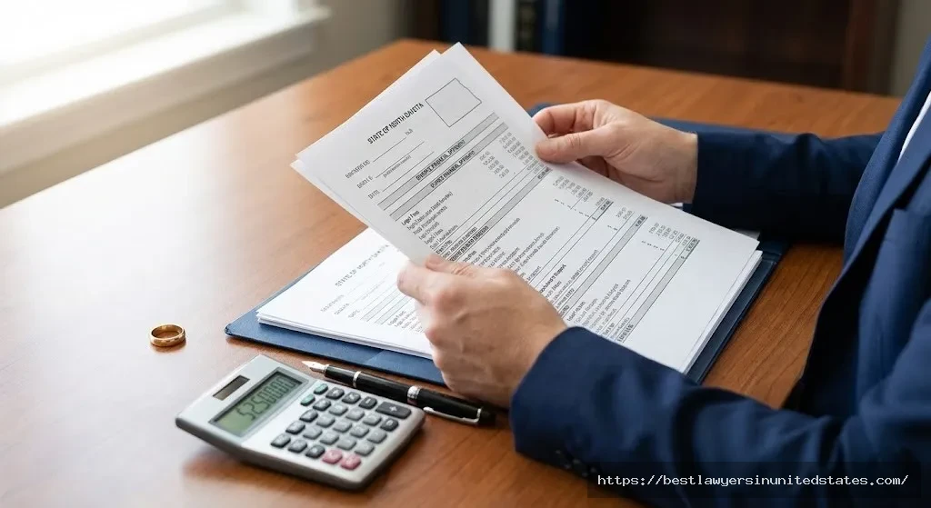 Person reviewing North Dakota divorce cost documents with calculator showing financial planning for separation