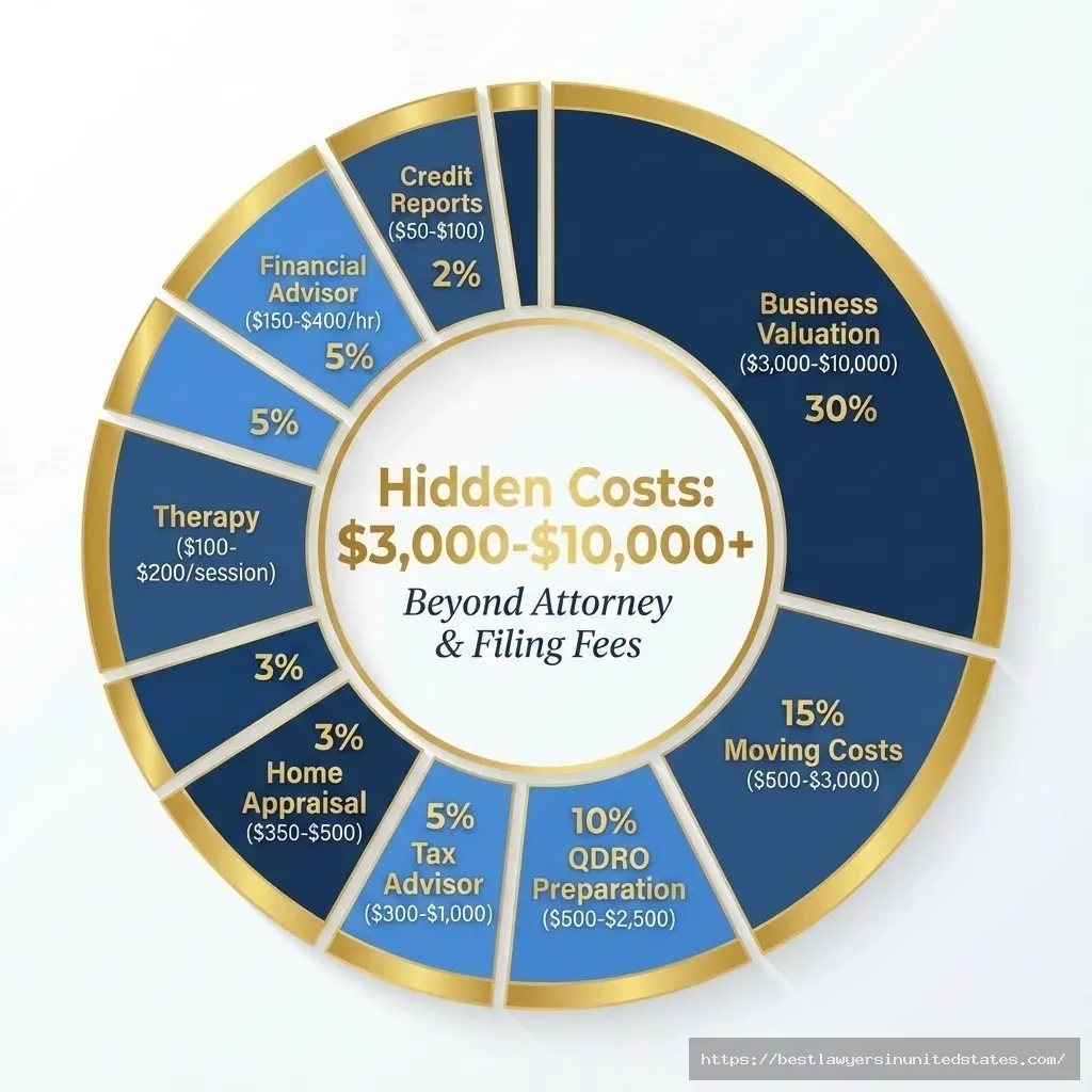 Pie chart breakdown of hidden divorce costs in West Virginia including appraisals, valuations, and professional services totaling $3,000-$10,000 plus