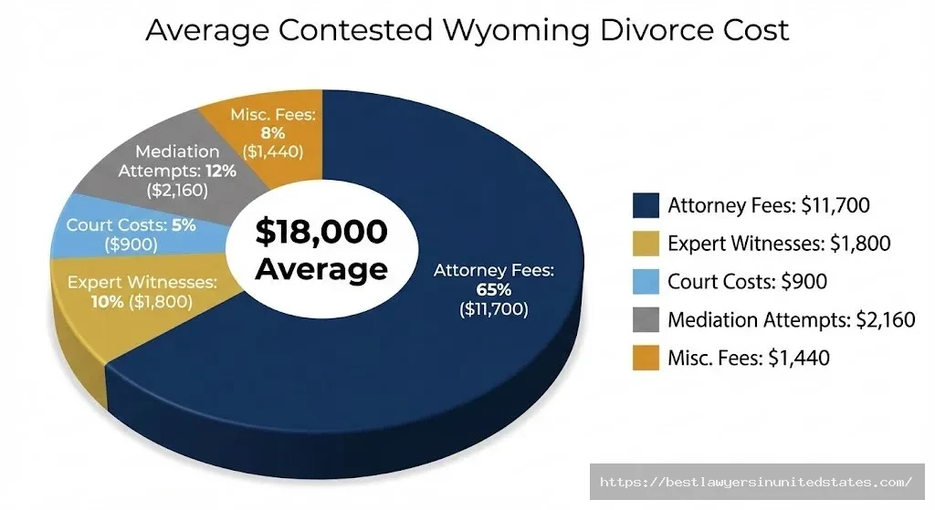 Pie chart breaking down typical contested Wyoming divorce costs with attorney fees at 65% ($11,700) and expert witnesses at 10% ($1,800)