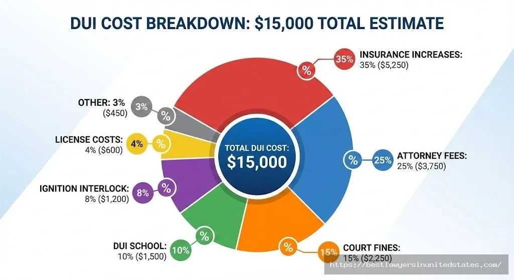 Pie chart showing DUI cost breakdown with insurance increases as largest expense at 35%