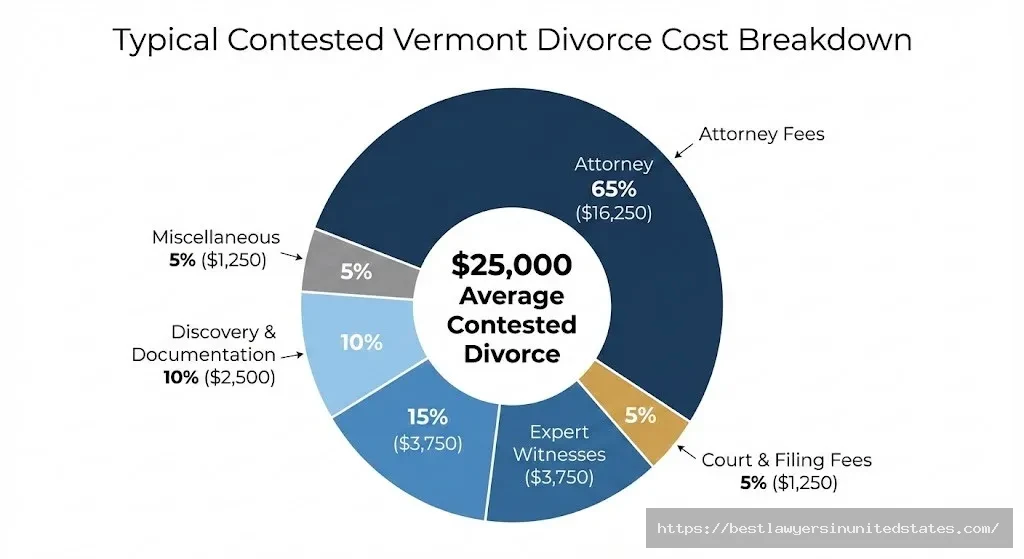 Pie chart showing Vermont contested divorce cost breakdown with attorney fees 65 percent court fees 5 percent and expert witnesses 15 percent 