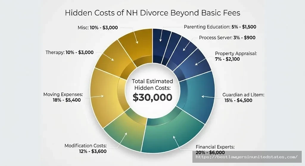 Pie chart showing breakdown of hidden divorce costs in New Hampshire including GAL fees, appraisals, and moving expenses