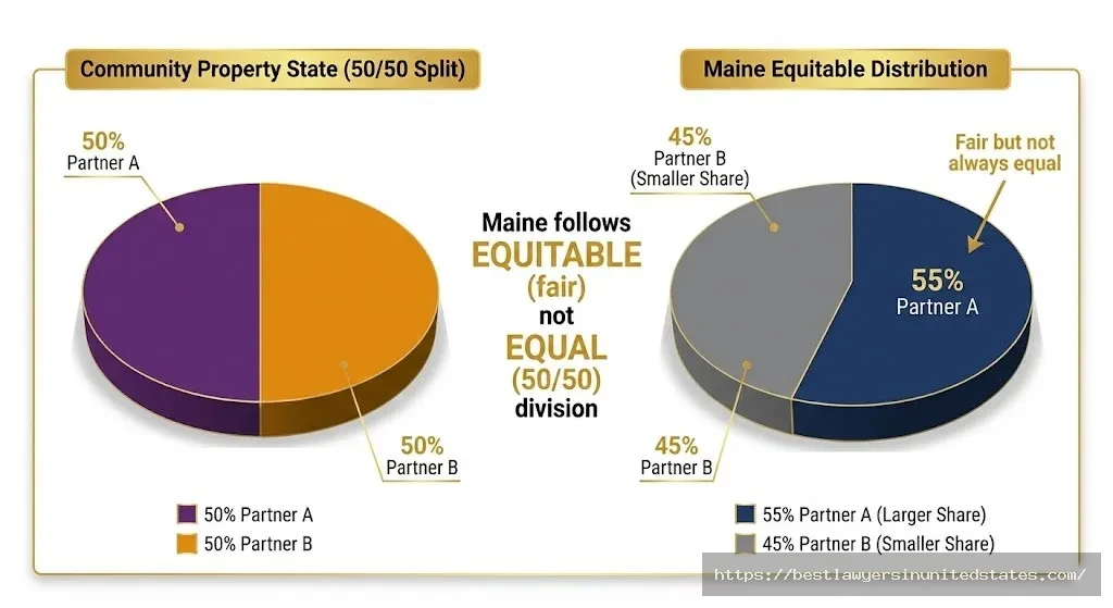 Pie charts comparing community property 5050 split versus Maine's equitable distribution showing fair but not necessarily equal property division in divorce