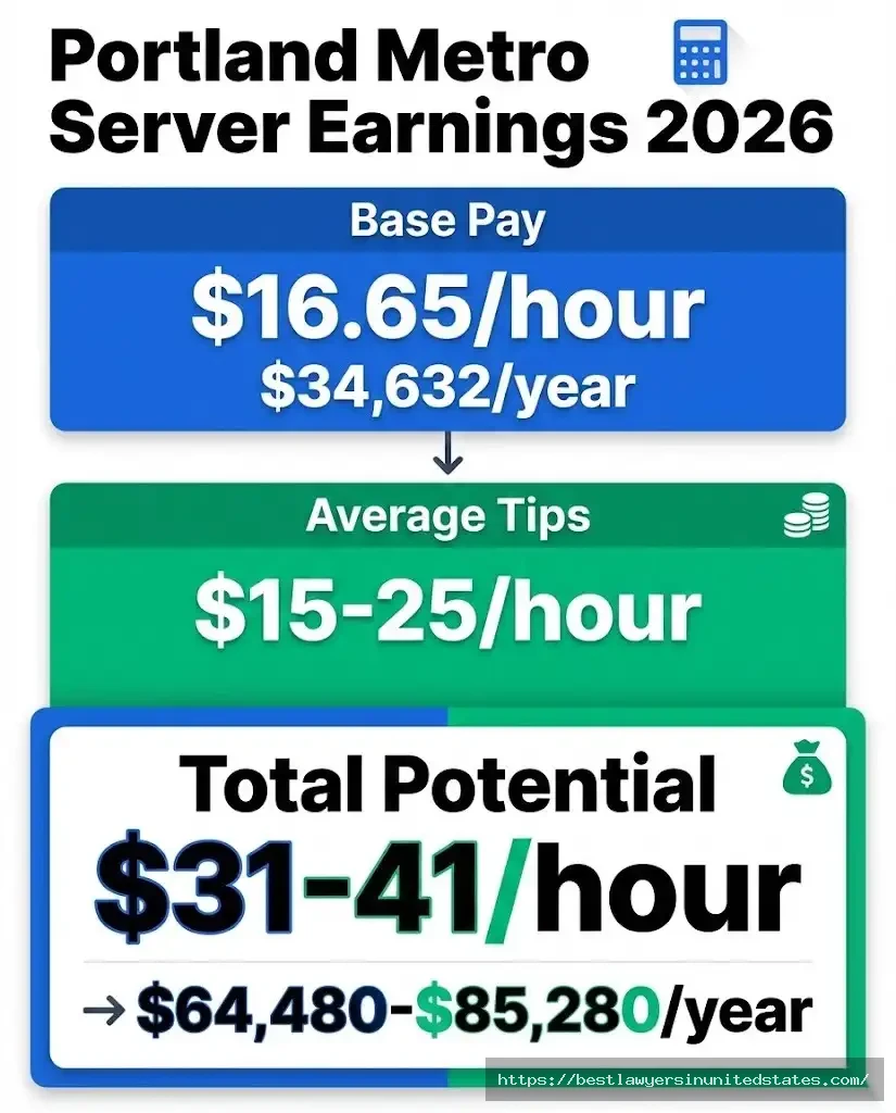 Portland Oregon server earnings $16.65hour base plus $15-25 tips equals $31-41hour total in 2026