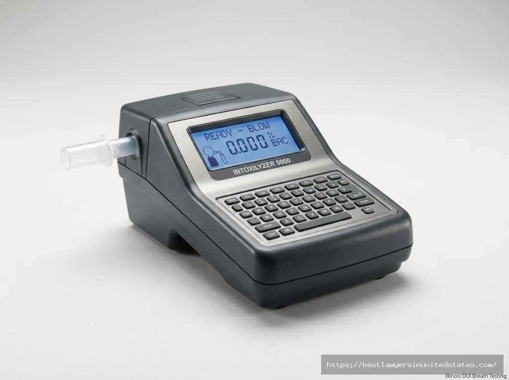Professional breathalyzer device used for DUI testing in Illinois showing digital display and mouthpiece