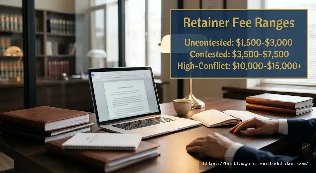 Professional legal consultation setting with Rhode Island divorce retainer fee ranges displayed