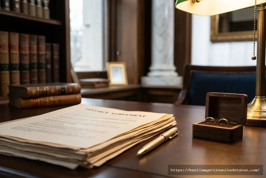 Professional legal office setting with divorce paperwork and wedding rings representing divorce proceedings in West Virginia