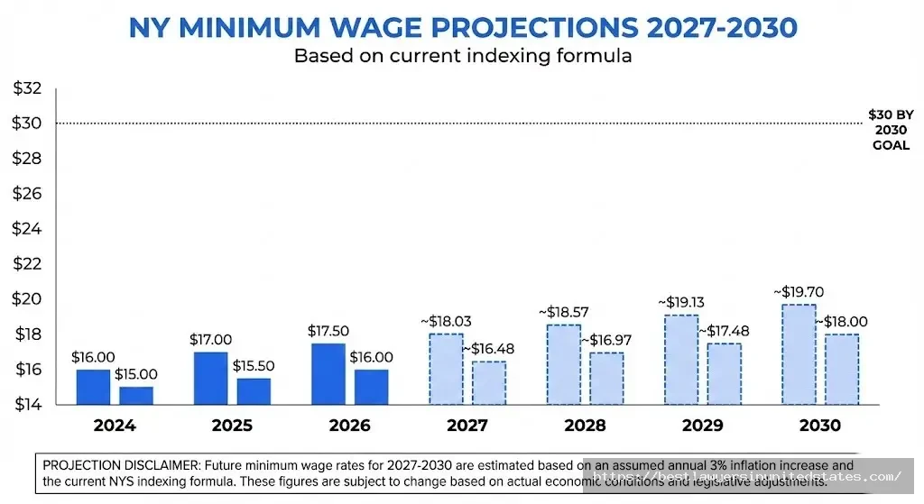 Projection chart showing estimated New York minimum wage increases from 2027 to 2030
