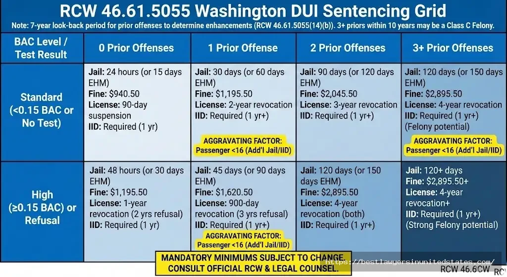RCW 46.61.5055 Washington DUI sentencing grid showing mandatory penalties by prior offenses and BAC levels