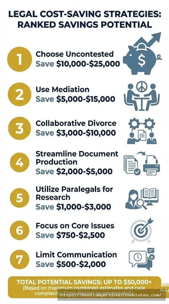 Ranked list of seven money-saving strategies for Rhode Island divorce showing potential savings from $500 to $25,000