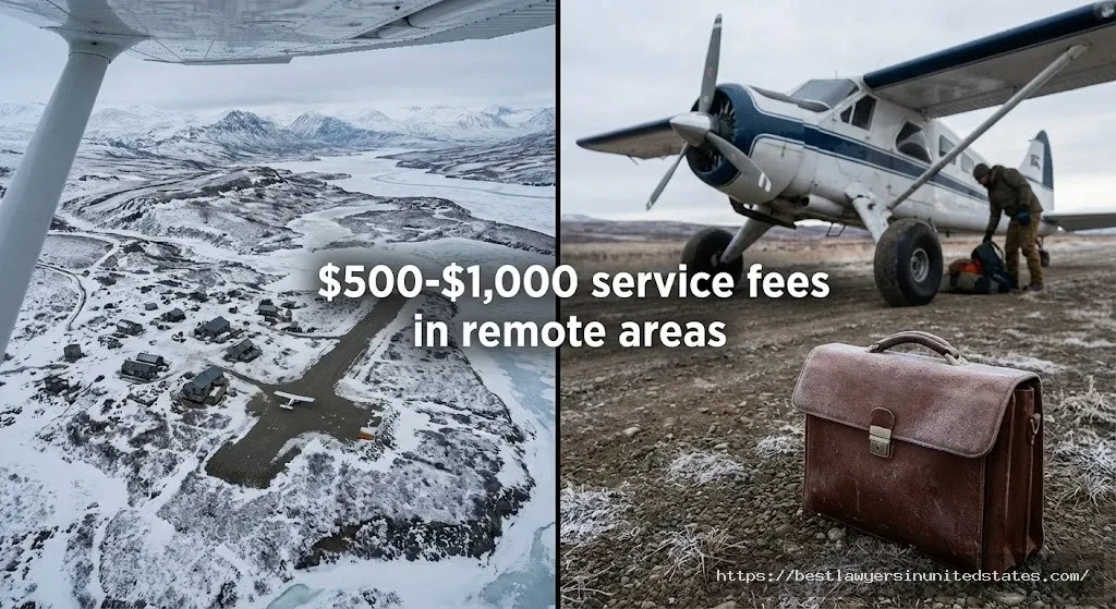 Remote Alaska village accessible by bush plane illustrating increased divorce process server costs and travel expenses in rural communities