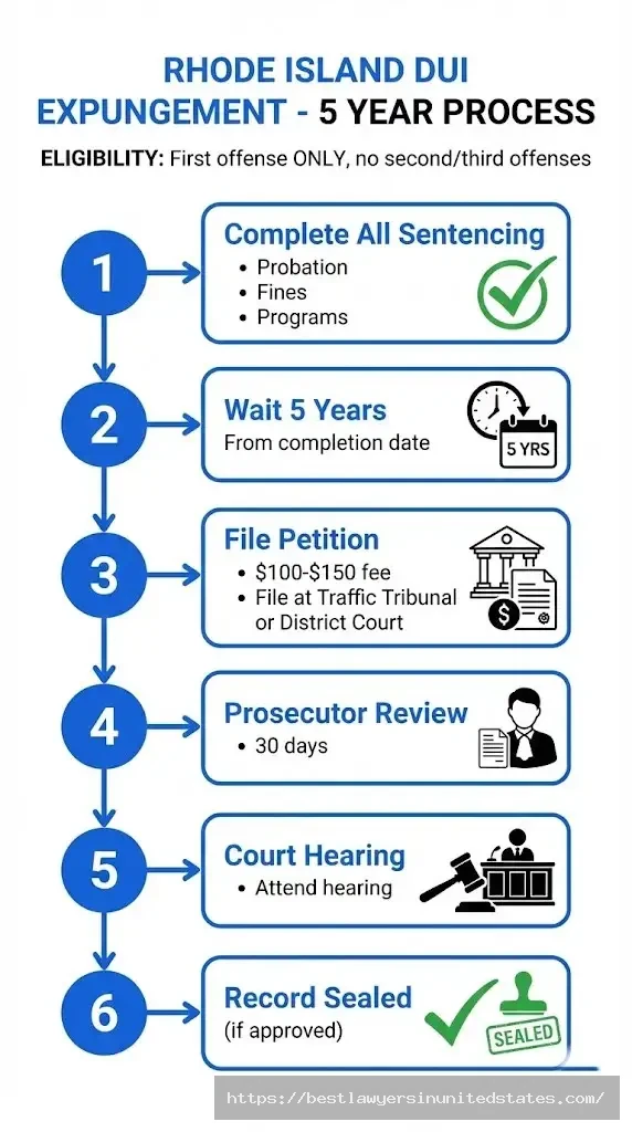 Rhode Island DUI expungement process showing 5-year waiting period and step-by-step filing requirements for first offenses only