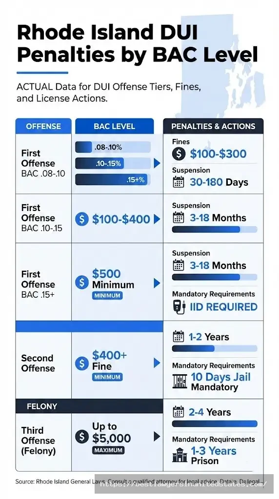 Rhode Island DUI penalties by BAC level showing fines, jail time, and license suspension for first, second, and third offenses