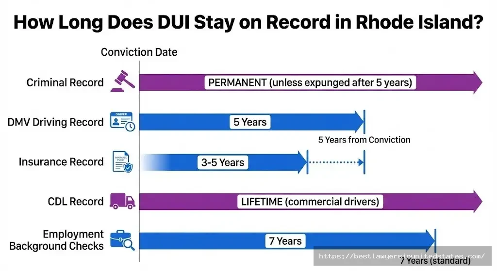 Rhode Island DUI record duration showing permanent criminal record, 5-year DMV record, and varying insurance and background check periods
