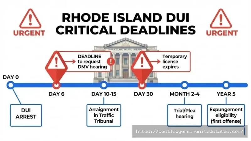 Rhode Island DUI timeline showing critical deadlines including 6-day DMV hearing request and 30-day temporary license expiration