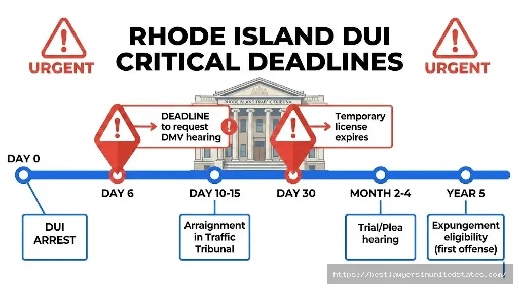 Rhode Island DUI timeline showing critical deadlines including 6-day DMV hearing request and 30-day temporary license expiration