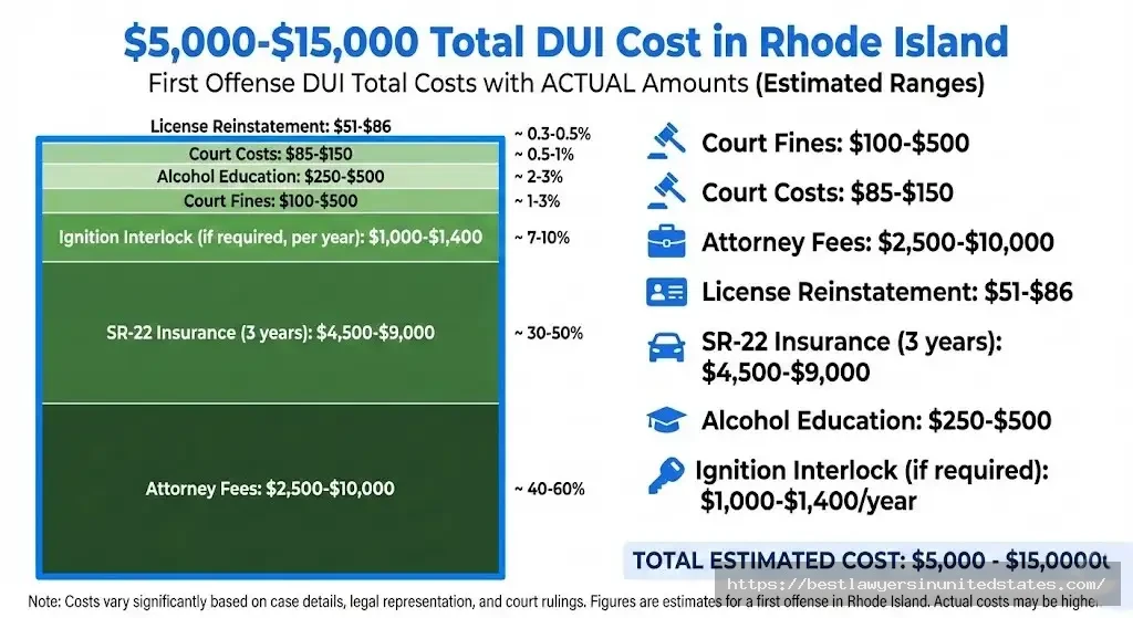 Rhode Island DUI total cost breakdown showing fines, attorney fees, insurance increases totaling $5,000-$15,000 for first offense