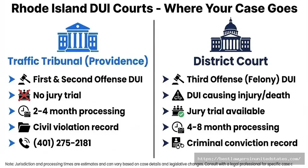 Rhode Island Traffic Tribunal vs District Court comparison showing which DUI offenses go to each court with contact information