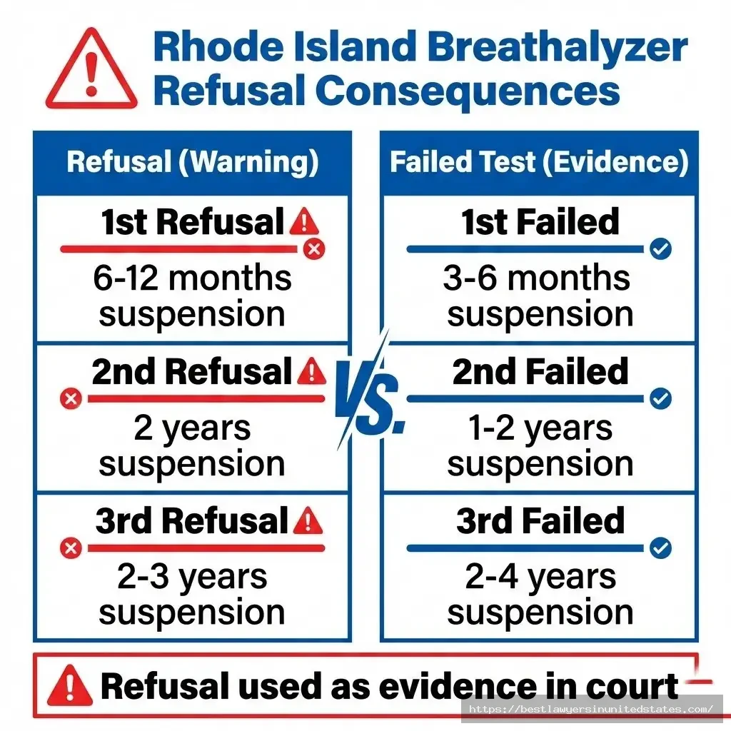 Rhode Island chemical test refusal penalties compared to failed test showing longer suspensions for refusing breathalyzer