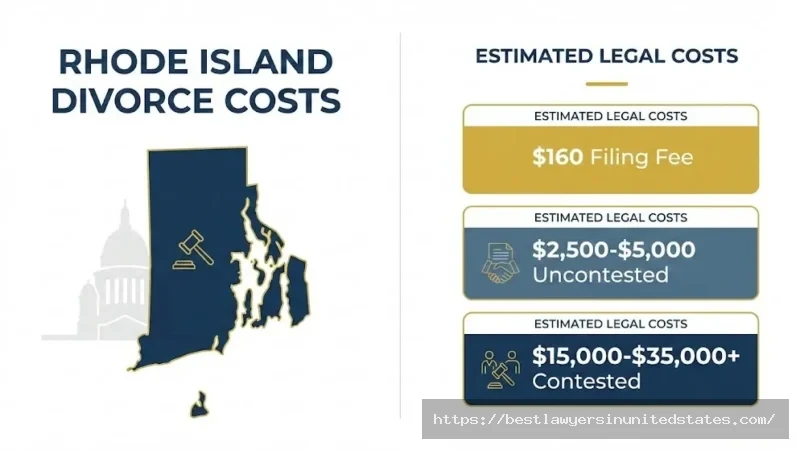 Rhode Island divorce cost breakdown showing filing fees, uncontested divorce costs, and contested divorce expenses for 2026