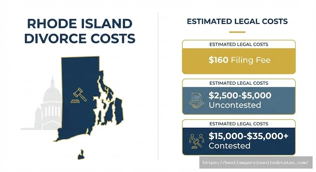 Rhode Island divorce cost breakdown showing filing fees, uncontested divorce costs, and contested divorce expenses for 2026