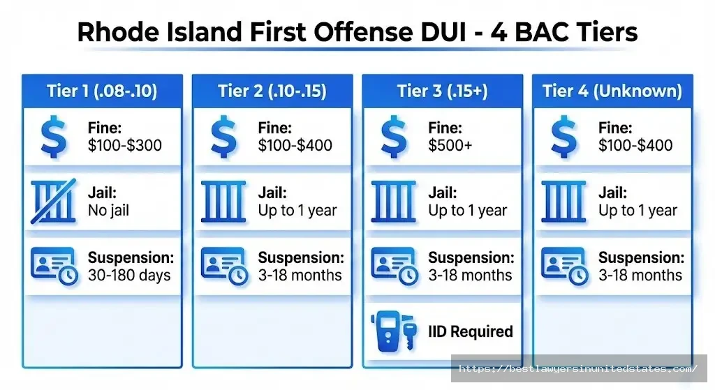 Rhode Island first offense DUI penalties showing four BAC tiers with specific fines, jail time, and license suspension periods