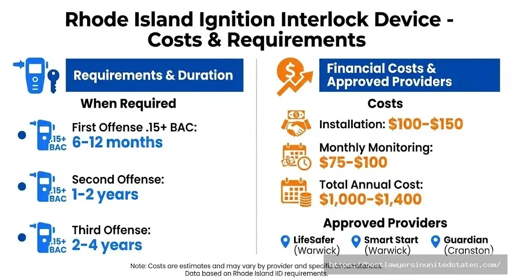 Rhode Island ignition interlock device costs and duration requirements showing $1,000-$1,400 annual cost and mandatory periods