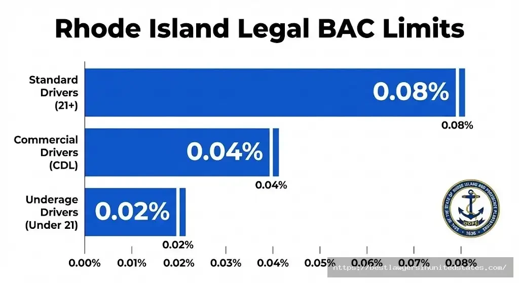 Rhode Island legal BAC limits 0.08% for adults, 0.04% for commercial drivers, 0.02% for drivers under 21