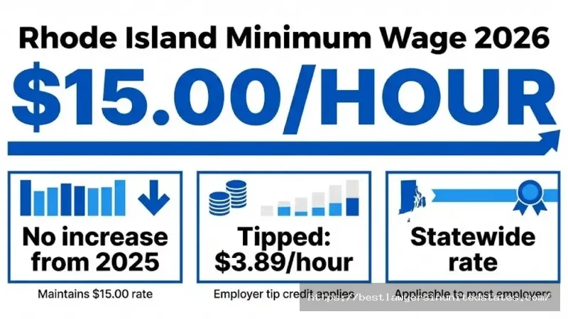 Rhode Island minimum wage 2026 is $15 per hour with tipped wage at $3.89