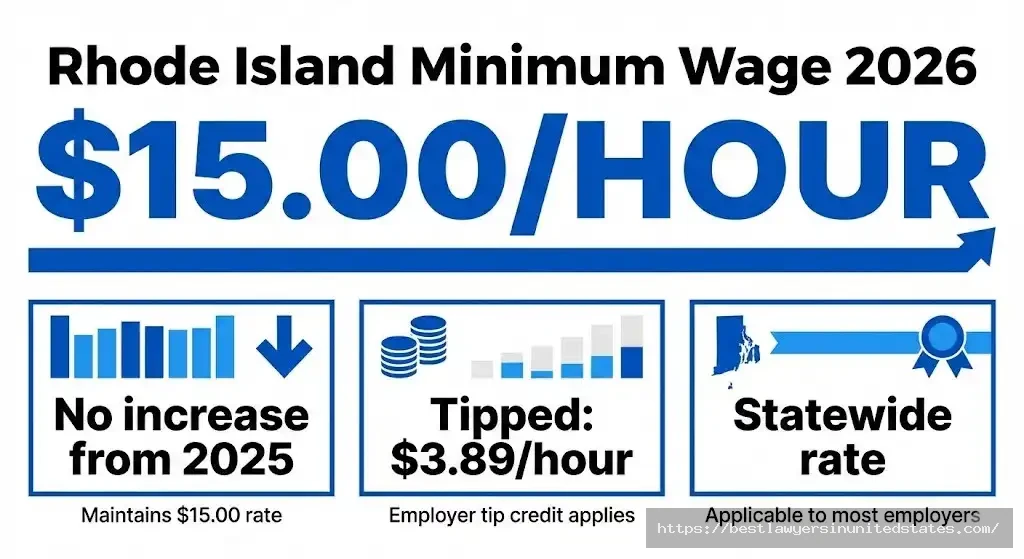 Rhode Island minimum wage 2026 is $15 per hour with tipped wage at $3.89