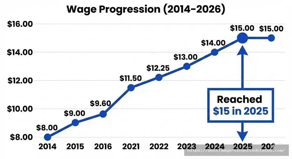 Rhode Island minimum wage history from 2014 to 2026 showing increases to $15