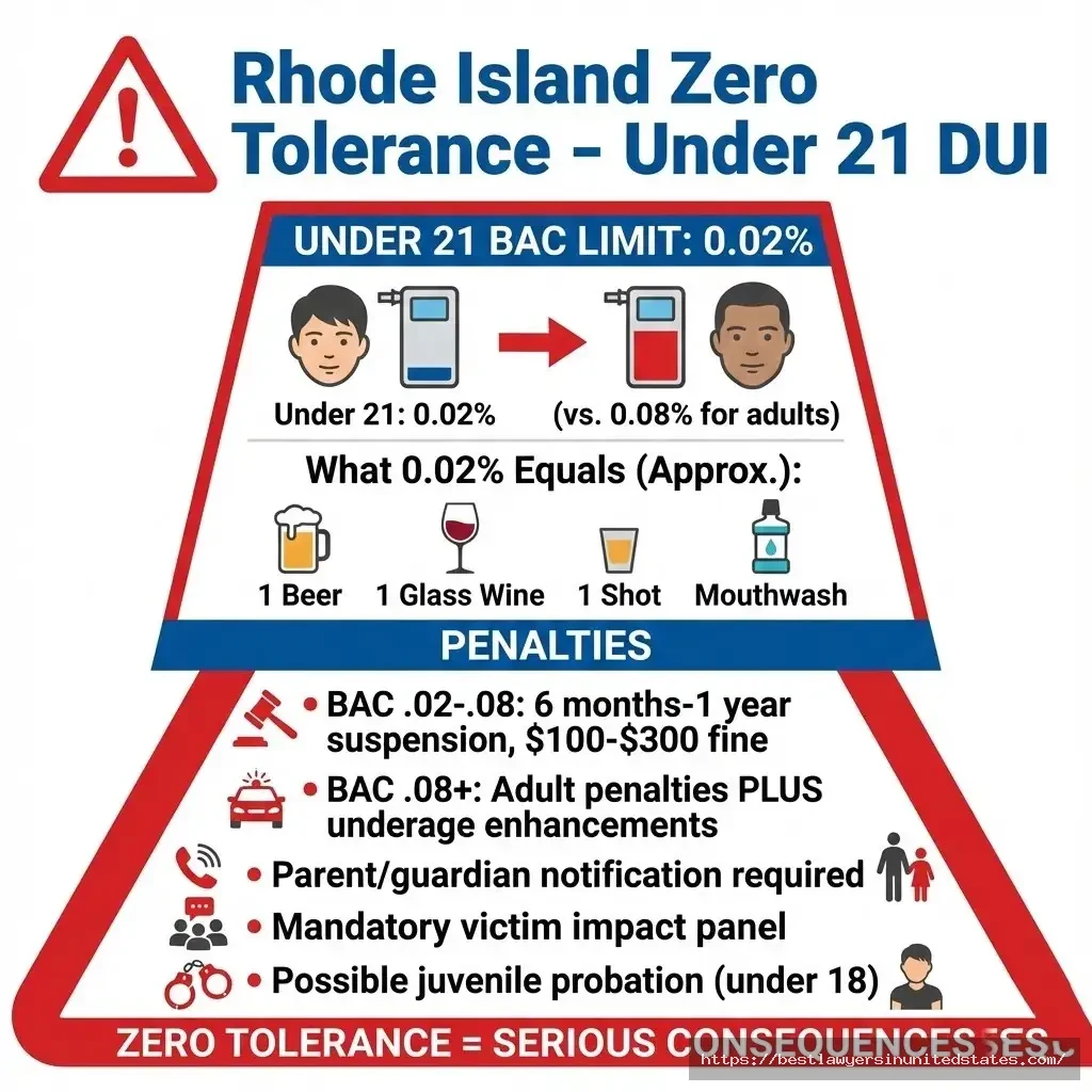 Rhode Island underage DUI showing 0.02% BAC limit for drivers under 21 with penalties and zero tolerance enforcement