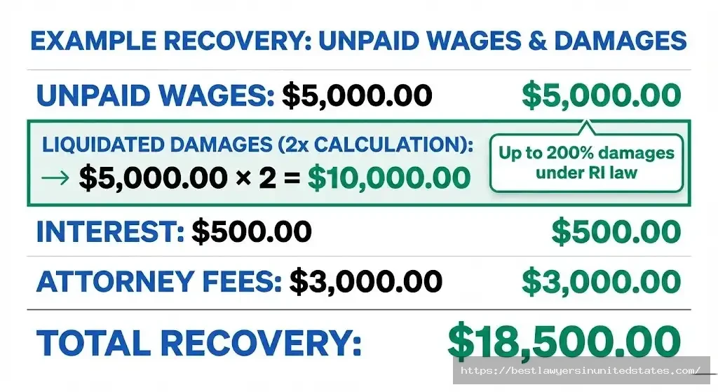 Rhode Island wage theft recovery example showing up to $18,500 total including damages