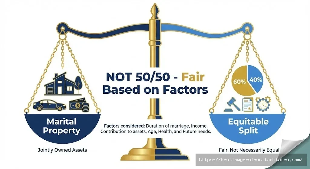 Scales of justice illustrating Delaware's equitable distribution law showing property division is fair not equal