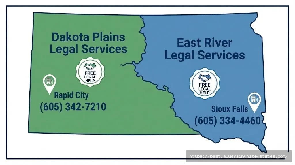 Map showing South Dakota legal aid coverage areas for East River Legal Services and Dakota Plains Legal Services with contact information