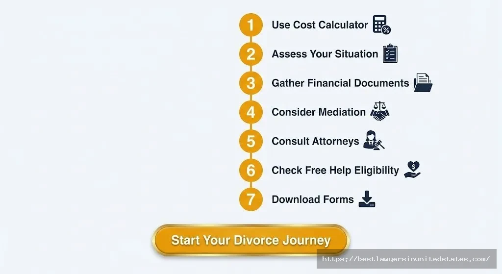 Seven-step action checklist for starting Maine divorce process including cost calculator, document gathering, mediation consideration, and attorney consultations
