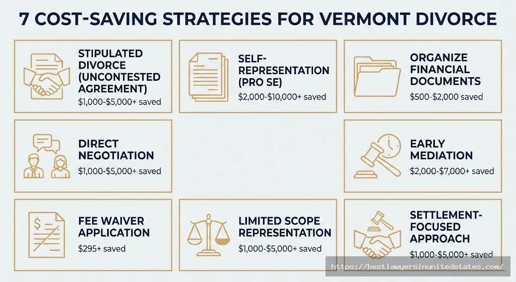 Seven strategies to reduce Vermont divorce costs including mediation document preparation and limited scope representation saving $1000-5000